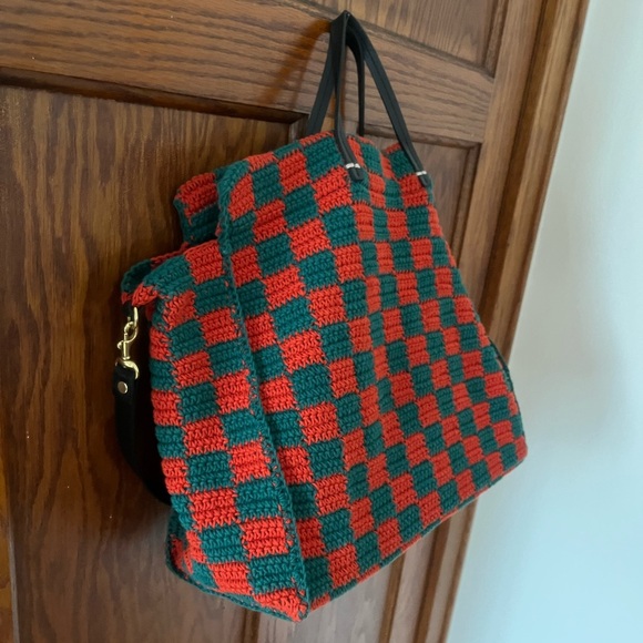 Clare V Red Green Checker Summer Simple Tote Bag Shoulder Strap Like New - Picture 5 of 16